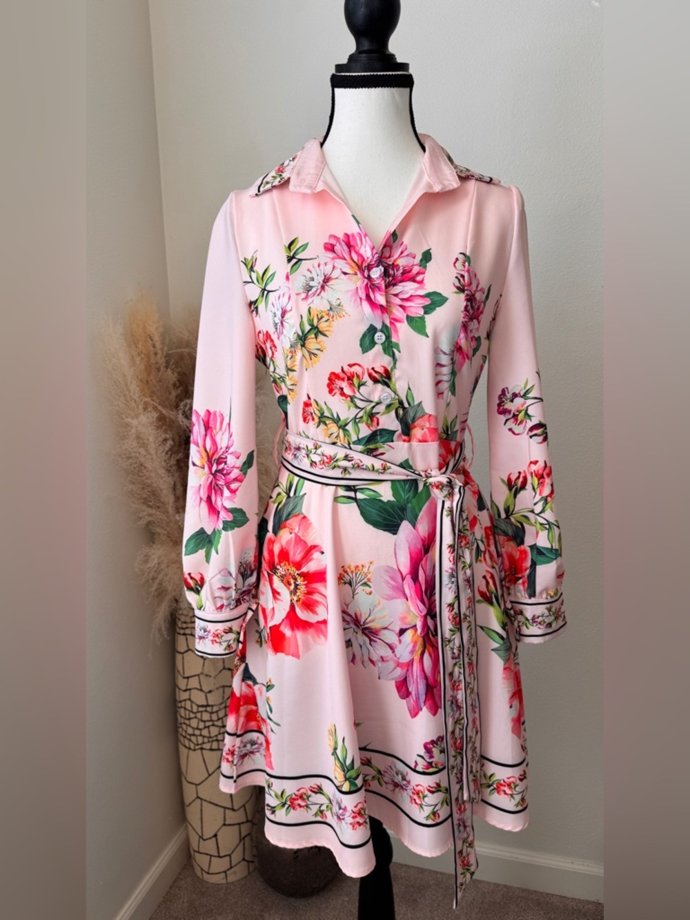 DALIA MACPHEE Pink Floral Long-Sleeve Shirt Dress with Tie Waist - S